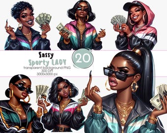 Sassy Sporty Black Woman Clipart PNG, Stank Face Bundle, Black Girl with Money, African American Hustler Clipart, Digital Sublimation PNG