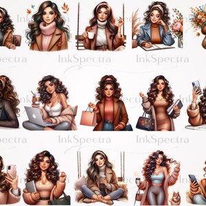 Pu&ograve; includere: Un collage digitale di dieci illustrazioni di donne in vari contesti autunnali. Ogni donna &egrave; raffigurata con accessori e vestiti diversi, tra cui una giacca di pelle marrone, una giacca di jeans blu, un maglione rosa e una borsa a mano marrone. Le illustrazioni sono su sfondo bianco.