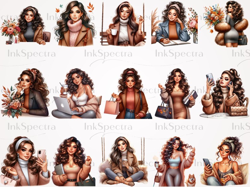 Pu&ograve; includere: Un collage digitale di dieci illustrazioni di donne in vari contesti autunnali. Ogni donna &egrave; raffigurata con accessori e vestiti diversi, tra cui una giacca di pelle marrone, una giacca di jeans blu, un maglione rosa e una borsa a mano marrone. Le illustrazioni sono su sfondo bianco.
