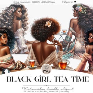 Black Girl Tea Time Clipart, Black Woman Magic, Spring Girls, planner digitale sticker, Black Woman Wall Art PNG, commercieel gebruik