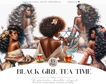 Black Woman Tea Party Clipart, Spring Girls PNG (Digital Download)