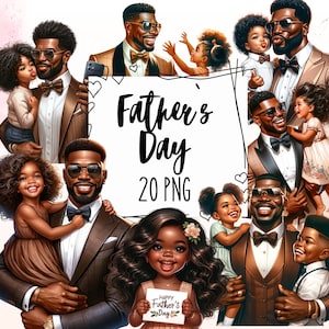 Paquete de imágenes prediseñadas de padre negro, imágenes prediseñadas del Día del Padre, padre con hija e hijo, mejor papá PNG, manualidades para el Día del Papá, descarga instantánea