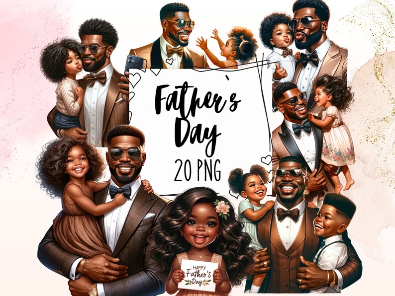 May include: A digital illustration of a Father's Day card with a black and white background. The card features a white rectangle with the text "Father's Day" in black and the number "20 PNG" below it. The card is surrounded by images of fathers and children. The fathers are all Black and are wearing suits. The children are all Black and are wearing dresses. The images are all in a cartoon style.