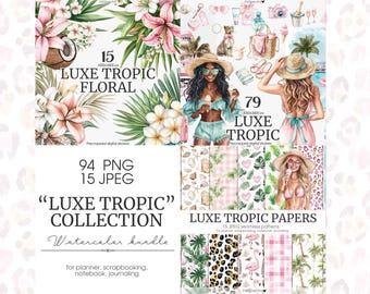 Watercolor Tropic Clipart Collection, Digital Stickers (PNG, JPEG)