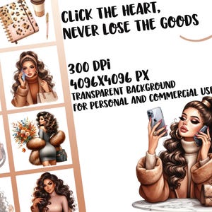 Pu&ograve; includere: Illustrazione digitale di una donna con lunghi capelli castani, che indossa un cappotto di pelliccia marrone, tiene uno smartphone e una piccola borsa marrone. Lo sfondo &egrave; trasparente. Il testo "CLICK THE HEART, NEVER LOSE THE GOODS" &egrave; nella parte superiore dell'immagine. Il testo "300 DPI 4096X4096 PX TRANSPARENT BACKGROUND FOR PERSONAL AND COMMERCIAL USE" &egrave; al centro dell'immagine.