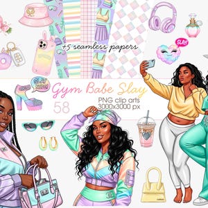 May include: Digital clip art set featuring illustrations of women, accessories, and seamless patterns. Includes images of a bouquet, headphones, a camera, a laptop, and a high-heeled shoe. The text "Gym Babe Slay" is also visible.