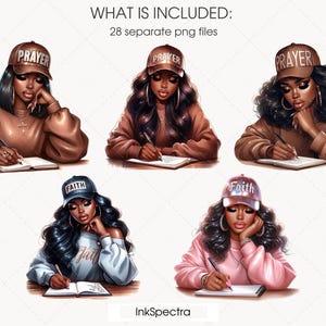 May include: Four digital illustrations of women wearing hats with the words "Prayer" and "Faith" on them. Each woman is writing in a journal and has long dark hair. The background is white.