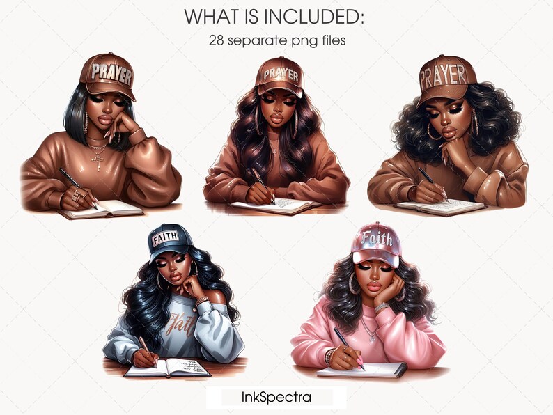 May include: Four digital illustrations of women wearing hats with the words "Prayer" and "Faith" on them. Each woman is writing in a journal and has long dark hair. The background is white.