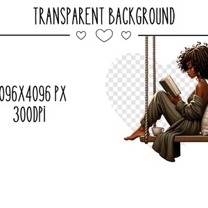 May include: A woman sits on a swing reading a book. She is wearing a green robe and has dark brown hair. The swing is made of wood and rope. The background is a transparent checkerboard pattern.
