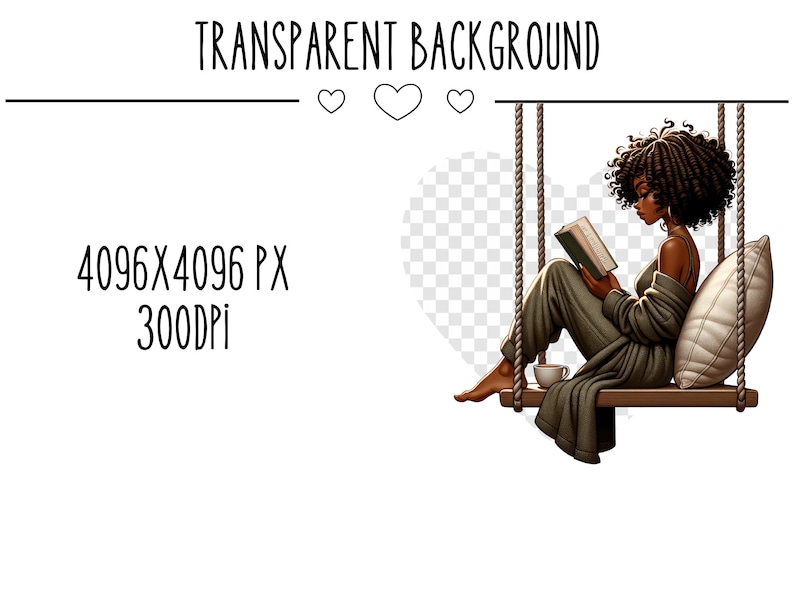 May include: A woman sits on a swing reading a book. She is wearing a green robe and has dark brown hair. The swing is made of wood and rope. The background is a transparent checkerboard pattern.