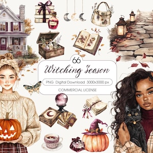Può includere: Illustrazione ad acquerello a tema stregonesco. Presenta una donna che tiene in mano una zucca intagliata, un gatto nero, una casa, libri, bottiglie di pozioni e un sentiero con lanterne. Il testo recita "Witching Season".