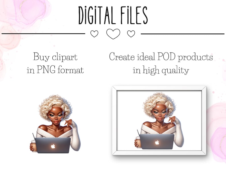 May include: Digital illustration of a woman with blonde curly hair, wearing a white sweater, sitting at a laptop computer with a cup of coffee. The text "DIGITAL FILES" is at the top of the image. The text "Buy clipart in PNG format" is on the left side of the image. The text "Create ideal POD products in high quality" is on the right side of the image.