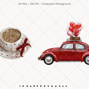 May include: Watercolor illustration featuring a red vintage car with luggage and balloons on top, next to a cup of coffee with a red bow. The cup and saucer are white with red heart accents. The image has a transparent background.