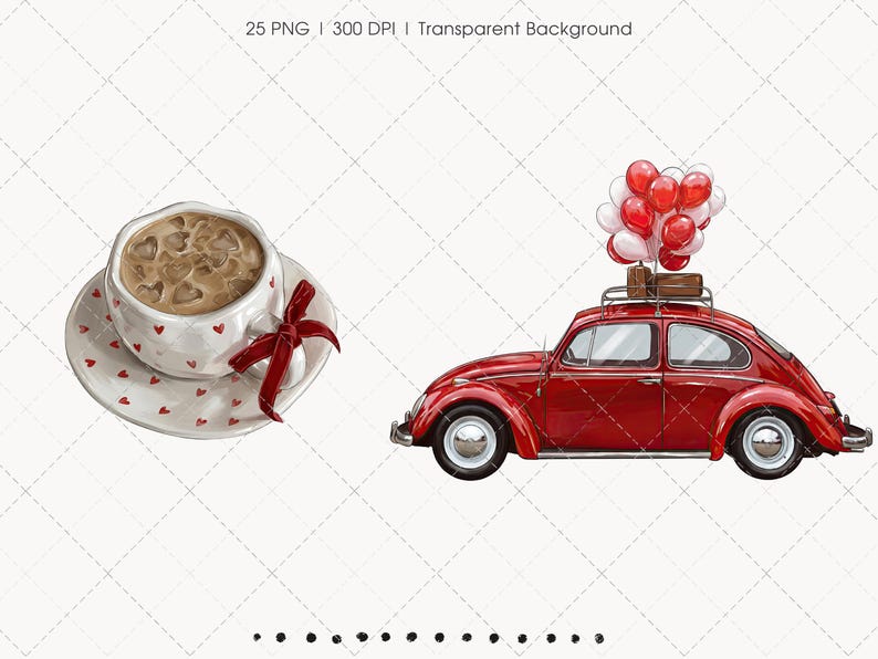 May include: Watercolor illustration featuring a red vintage car with luggage and balloons on top, next to a cup of coffee with a red bow. The cup and saucer are white with red heart accents. The image has a transparent background.