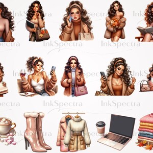 Pu&ograve; includere: Un collage digitale di illustrazioni con donne in abbigliamento autunnale. Le donne indossano cappotti, maglioni e jeans. Alcune tengono borse della spesa, tazze da caff&egrave; e libri. Ci sono anche illustrazioni di stivali, un laptop e una pila di maglioni.