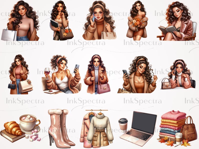 Pu&ograve; includere: Un collage digitale di illustrazioni con donne in abbigliamento autunnale. Le donne indossano cappotti, maglioni e jeans. Alcune tengono borse della spesa, tazze da caff&egrave; e libri. Ci sono anche illustrazioni di stivali, un laptop e una pila di maglioni.