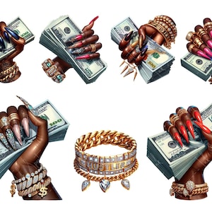 May include: A set of ten gold and diamond-encrusted rings, bracelets, and a chain bracelet with the word "Hustler" on it. The jewellery is displayed on a white background with hands holding stacks of US dollar bills.