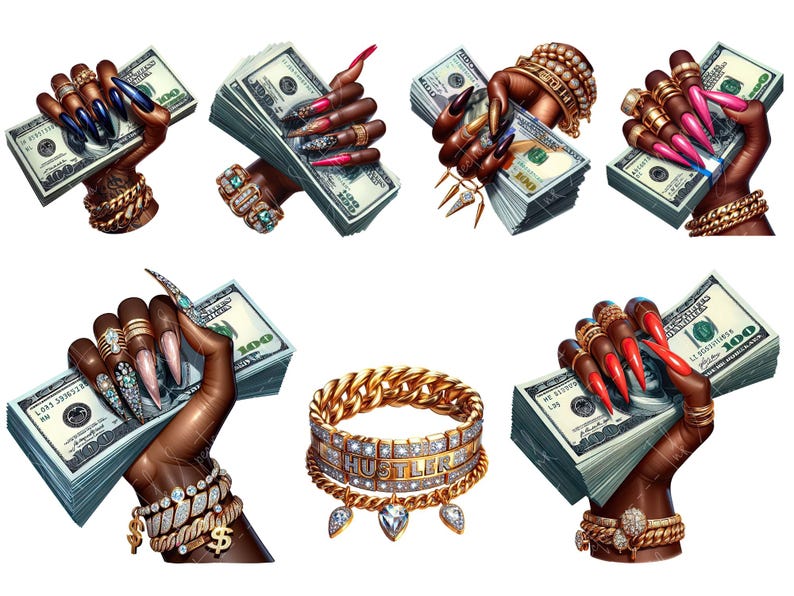 May include: A set of ten gold and diamond-encrusted rings, bracelets, and a chain bracelet with the word "Hustler" on it. The jewellery is displayed on a white background with hands holding stacks of US dollar bills.