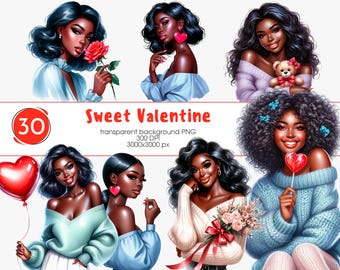 Watercolor Valentine Clipart PNG, Black Woman Art (Digital Download)