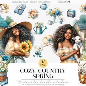 Pays printemps clipart, clipart femmes noires, ferme esthétique, tournesols & marguerites, printemps douillet PNG, scrapbooking, autocollants numériques