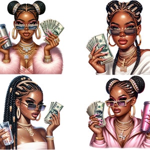 May include: Four digital illustrations of women with braids, sunglasses, and gold jewelry. Each woman is holding cash and a beverage.