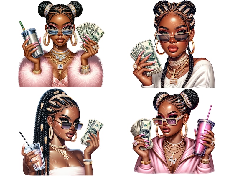 May include: Four digital illustrations of women with braids, sunglasses, and gold jewelry. Each woman is holding cash and a beverage.