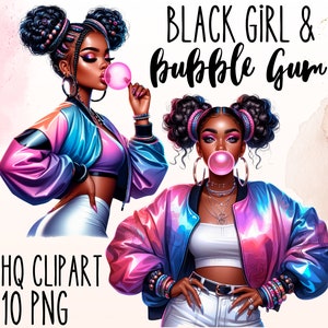 Bundel Clipart zwart meisje en kauwgom, mode zwarte meid, zwarte meid magie, sublimatieontwerp, T-shirt zwarte meid, Afro-Amerikaans meisje
