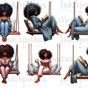 May include: Six illustrations of women with afro hairstyles sitting on swings and reading books. Each woman is wearing a robe and holding a book. The swings are made of wood and rope. The background is white.