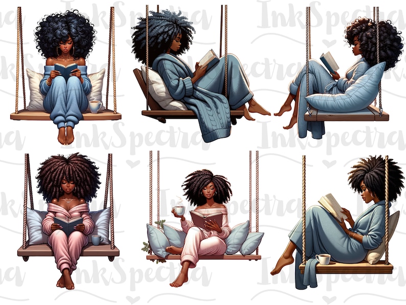 May include: Six illustrations of women with afro hairstyles sitting on swings and reading books. Each woman is wearing a robe and holding a book. The swings are made of wood and rope. The background is white.