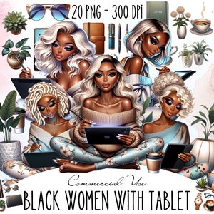 Imágenes prediseñadas de chicas negras de moda, imágenes prediseñadas de chica jefa, imágenes prediseñadas de mujer negra mágica, imágenes prediseñadas de chica con tableta, imágenes prediseñadas de chica negra trabajadora y imágenes prediseñadas de chica planificadora