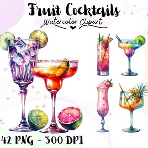 Pack de cliparts cocktail aquarelle, art aquarelle sur le thème de la plage, clipart boisson alcoolisée, clipart menu boisson aux fruits, clipart cocktail de fruits d'été