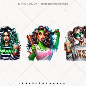 Pu&ograve; includere: Illustrazione digitale di tre donne in stile mostro, ognuna con una bevanda Starbucks. Una tiene un coltello insanguinato, un'altra una mazza chiodata e la terza fa il segno della pace. Il testo include "MAMA", "Monster" e "Dead Mama".