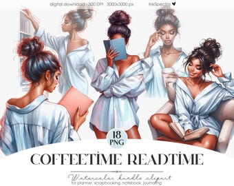 Op de afbeelding: Digitale aquarel clipart bundel met illustraties van vrouwen in witte overhemden, die boeken lezen en koffie drinken. De tekst "COFFEETIME READTIME" staat onder de afbeeldingen. Bevat 18 PNG-bestanden voor planner, scrapbooking en journaling.