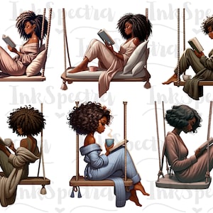 May include: Six illustrations of women reading books while sitting on swings. Each woman has dark brown skin and curly black hair. They are wearing different outfits and are sitting on swings with different colored ropes. The background is white.