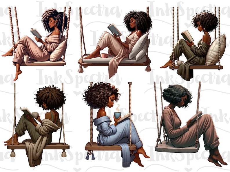 May include: Six illustrations of women reading books while sitting on swings. Each woman has dark brown skin and curly black hair. They are wearing different outfits and are sitting on swings with different colored ropes. The background is white.