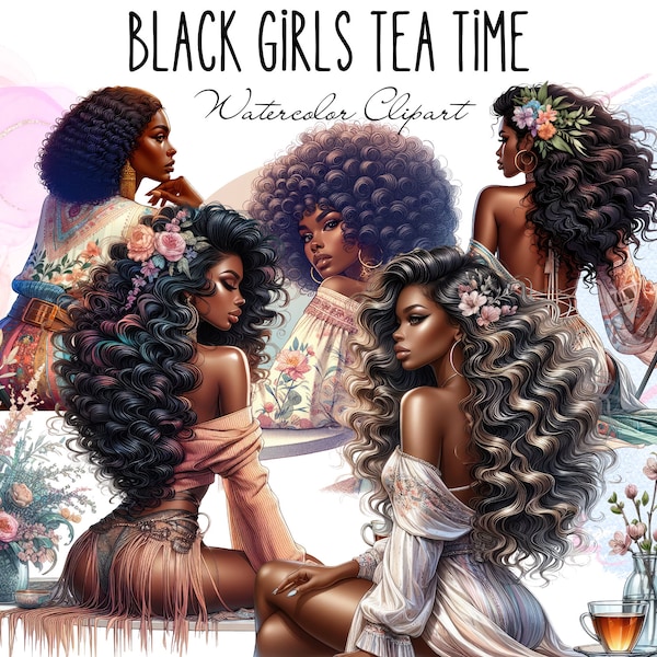 Black Girl Tea Time Clipart, Black Woman Magic, Spring Girls, Planner Digital Sticker, Black Woman Wall Art PNG, Commercial Use