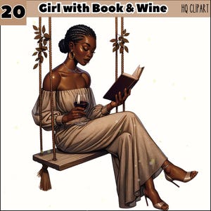 Schwarze Mädchen lesen Clipart, Buchliebhaber Clipart, Mädchen mit Wein Clipart, Selbstliebe Clipart, Schwarzes Mädchen Druck von Nachfrage, Schwarzes Mädchen Buch & Wein