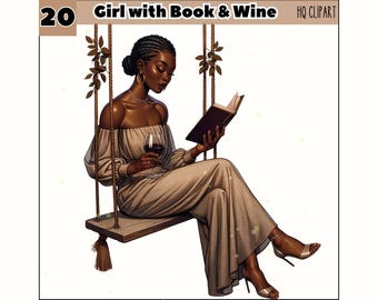 Black Girl Reading Clipart, Book & Wine, Print On Demand (PNG)