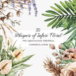 Murmures de Safari Floral Clipart, fleurs Boho tropicales PNG, aquarelle botanique de la jungle, clipart mariage, usage Commercial