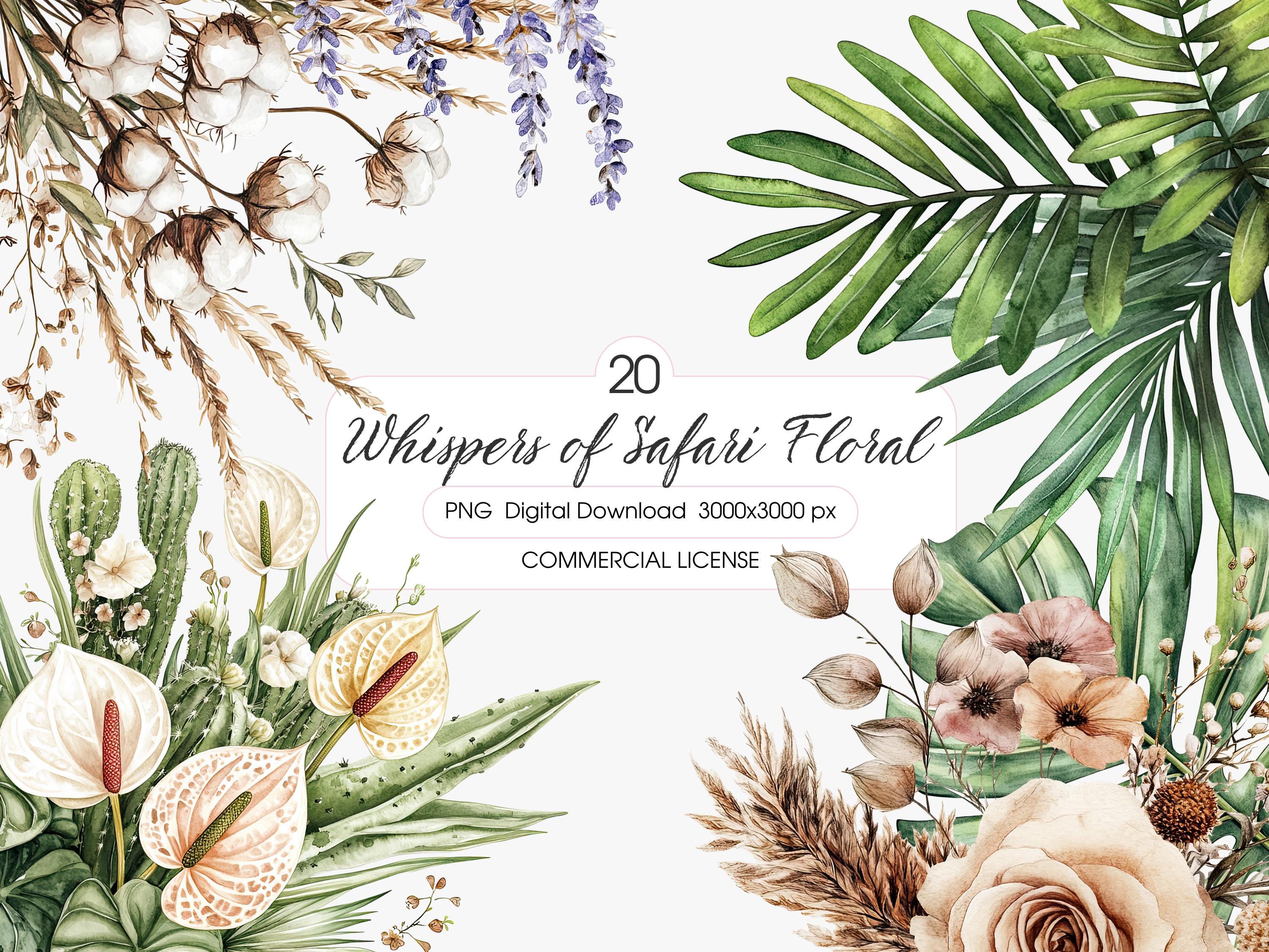 Whispers of Safari Floral Clipart, Tropical Boho Flowers PNG, Watercolor Jungle Botanicals, Wedding Clip Art, Commercial Use