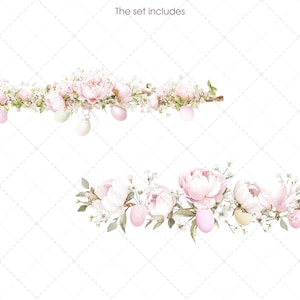 May include: Watercolor illustration of two floral arrangements. The arrangements feature pink peonies, white flowers, and pastel-colored Easter eggs. The text "The set includes" is at the top.