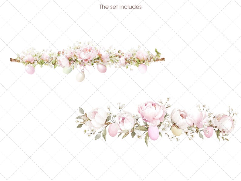 May include: Watercolor illustration of two floral arrangements. The arrangements feature pink peonies, white flowers, and pastel-colored Easter eggs. The text "The set includes" is at the top.