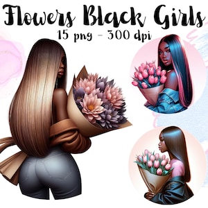 Menina com flores em aquarela PNG, Conjunto de clipart de meninas da moda primavera, Clipart de linda mulher negra, Arte floral de menina negra, Uso comercial