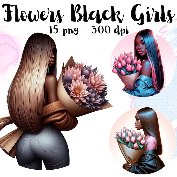 Watercolor Flowers Girl PNG, Spring Fashion Girls Clipart Bundle, Beautiful Black Woman Lady Clipart, Floral Black Girl Art, Commercial Use