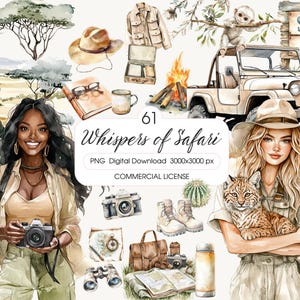 Aquarell Safari Clipart Bundle, schwarze Frau Clipart, Reise Clipart, Planer Aufkleber, Dschungeltiere Png, Scrapbook, kommerzielle Nutzung