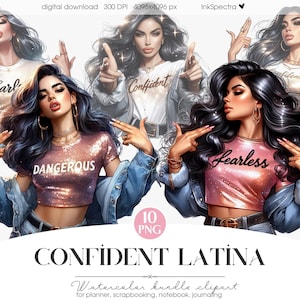 Puede incluir: Conjunto de 10 imágenes de clipart de ilustración digital en acuarela que representan a una mujer latina segura de sí misma en varias poses. La mujer lleva una chaqueta vaquera, una blusa brillante y varios accesorios. El texto "Pearl", "Confident", "Dangerous", "Fearless" y "10 PNG" se incluye en la imagen.