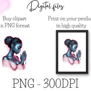 May include: Digital illustration of a woman with dark skin praying with a rosary. The woman is wearing a pink top and has a blue glow around her. The image is in PNG format and 300 DPI.