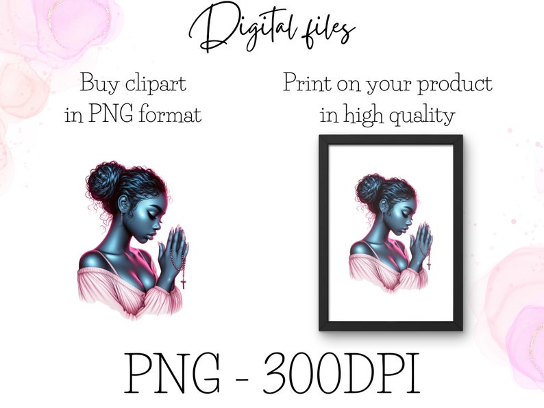 May include: Digital illustration of a woman with dark skin praying with a rosary. The woman is wearing a pink top and has a blue glow around her. The image is in PNG format and 300 DPI.