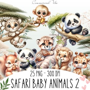 Safari babydier png, schattige jungledieren clipart, aquarel dieren clipart, babyshower clipart, safari png, schattige dieren png