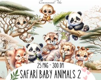 Safari Baby Animal PNG, Cute Jungle Animals Clipart, Watercolor Animal Clipart, Baby Shower Clipart, Safari PNG, Cute Animals PNG